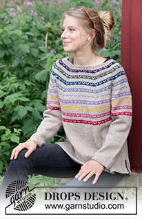 Rainbow Hugs / DROPS 183-25 - Pruhovaný pulovr s norským vzorem a kruhovým sedlem s postranními rozparky pletený shora dolů z příze DROPS Nepal. Velikost S - XXXL.