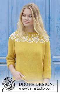 Golden Heart / DROPS 187-12 - Knitted sweater with round yoke, multi-colored Nordic pattern and ¾-length sleeves, worked top down. Sizes S - XXXL. The piece is worked in DROPS Merino Extra Fine.