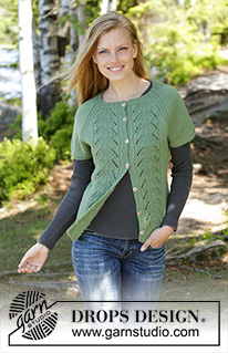 Green Luck Cardi / DROPS 196-12 - Knitted fitted jacket in DROPS Flora. The piece is worked with lace pattern, raglan and short sleeves. Sizes S - XXXL.