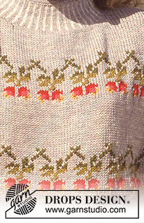Rose Bouquet / DROPS 31-6 - Sweter na drutach, z żakardem w róże i spódnica na drutach z włóczki DROPS Karisma Suparwash. Sweter w wersji krótkiej lub długiej. Od S do L.