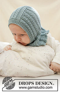 Warm Smiles / DROPS Baby 33-10 - Gebreide helmmuts met kantpatroon voor baby’s in DROPS Baby Merino. Maten: Prematuur – 2 jaar