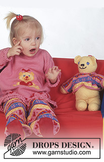 Beary Cute / DROPS Baby 4-6 - Strikket sett med genser og bukse til baby og barn i DROPS Safran. Arbeidet strikkes med flerfarget mønster og border. Størrelse 3 mnd - 4 år.